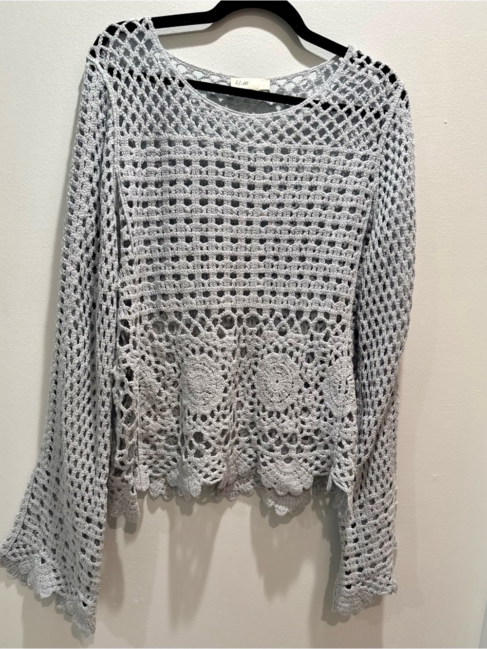 Rielle Light Blue Crochet Open Knit Boho Sweater Cover Up Size Large